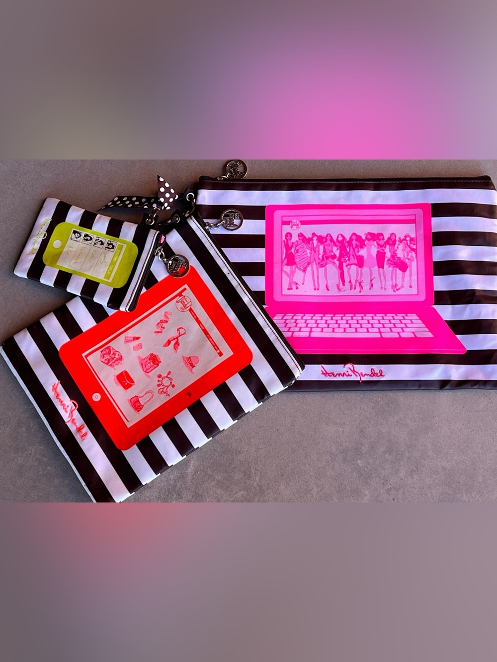 Henri Bendel To Go Tech Pouch Set 3 Brown White Stripe Laptop Tablet Phone Bags